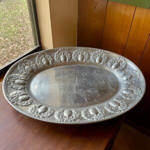 Large Pewter Acorn Oak Leaf Wreath Relief Beaded Trim Serving Tray FLAWED